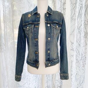 ALL SAINTS BLUE DISTRESSED HAY DENIM BUTTON UP COLLARED JEAN JACKET